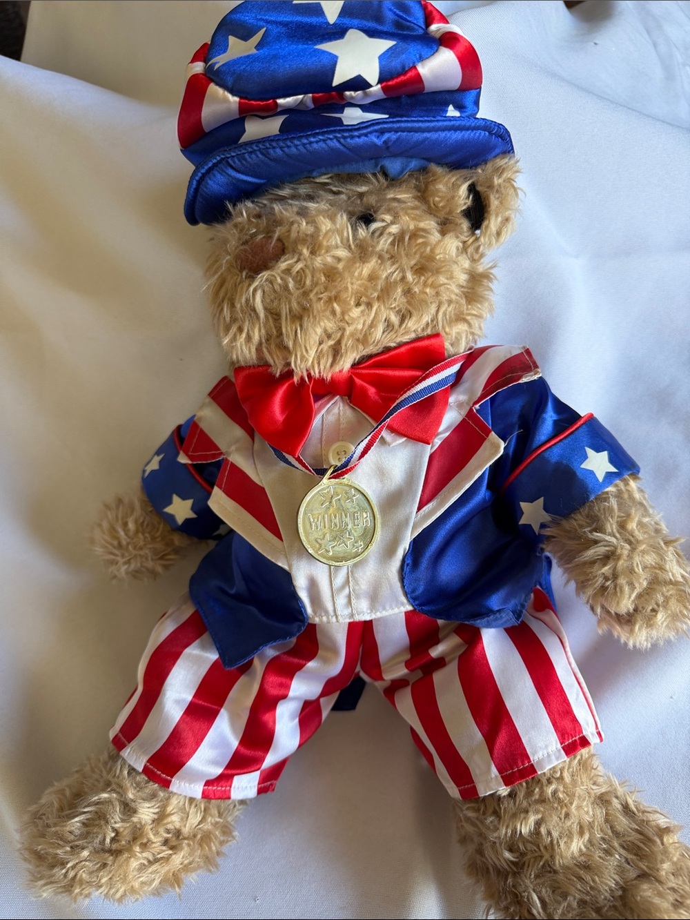 Build-A-Bear with red, white and blue Uncle Sam Patriotic outfit. Bear is 17”.